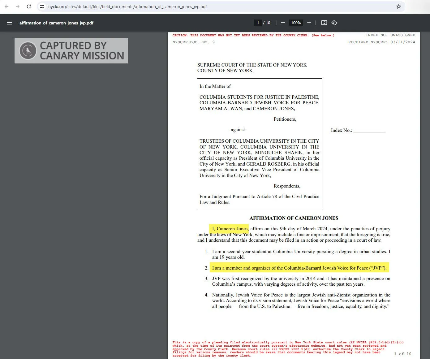 In a court affidavit, Jones confirms he is a student organizer for Columbia-Barnard Jewish Voice for Peace (JVP).